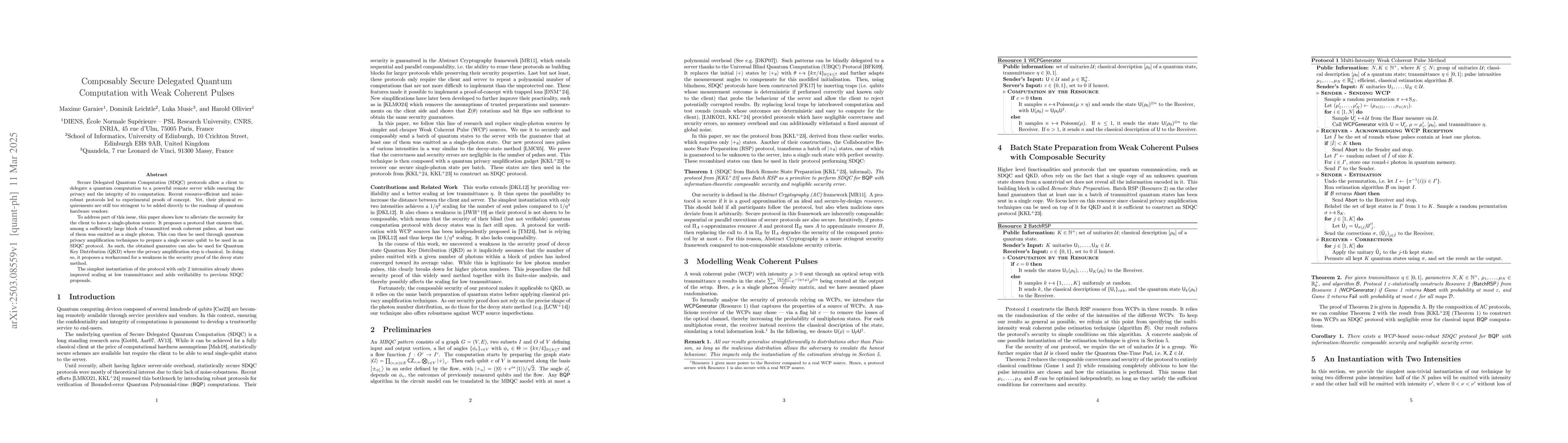 Thumbnail for Composably Secure Delegated Quantum Computation with Weak Coherent
  Pulses