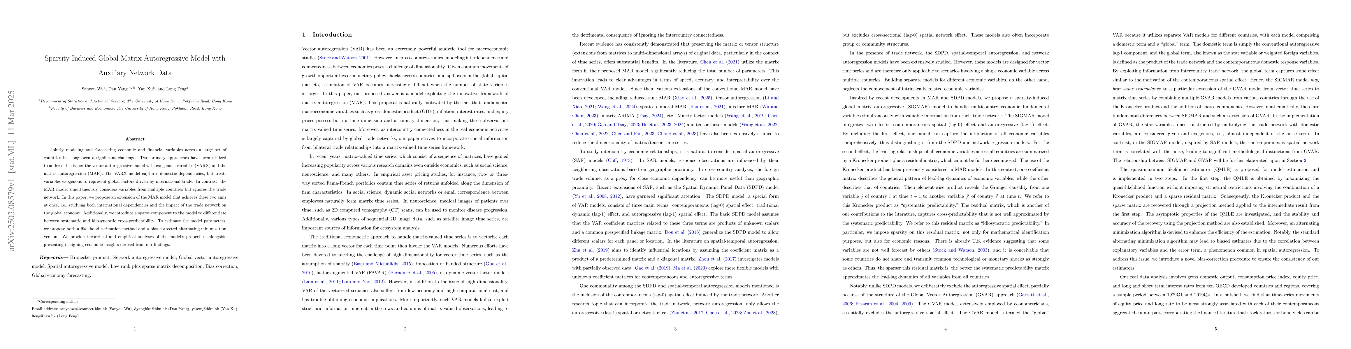 Thumbnail for Sparsity-Induced Global Matrix Autoregressive Model with Auxiliary
  Network Data