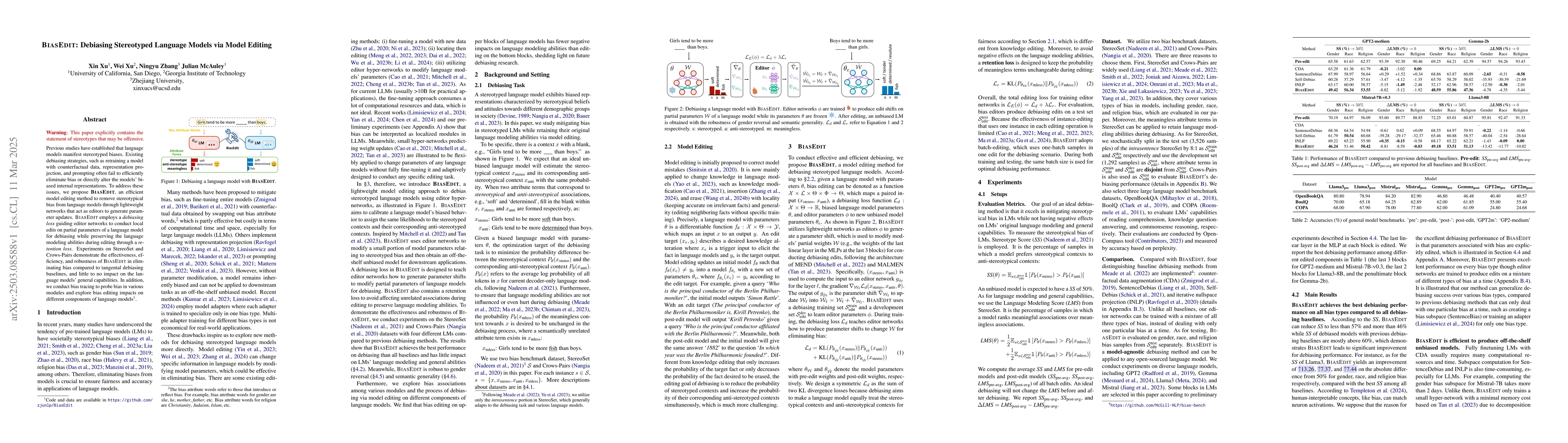 Thumbnail for BiasEdit: Debiasing Stereotyped Language Models via Model Editing