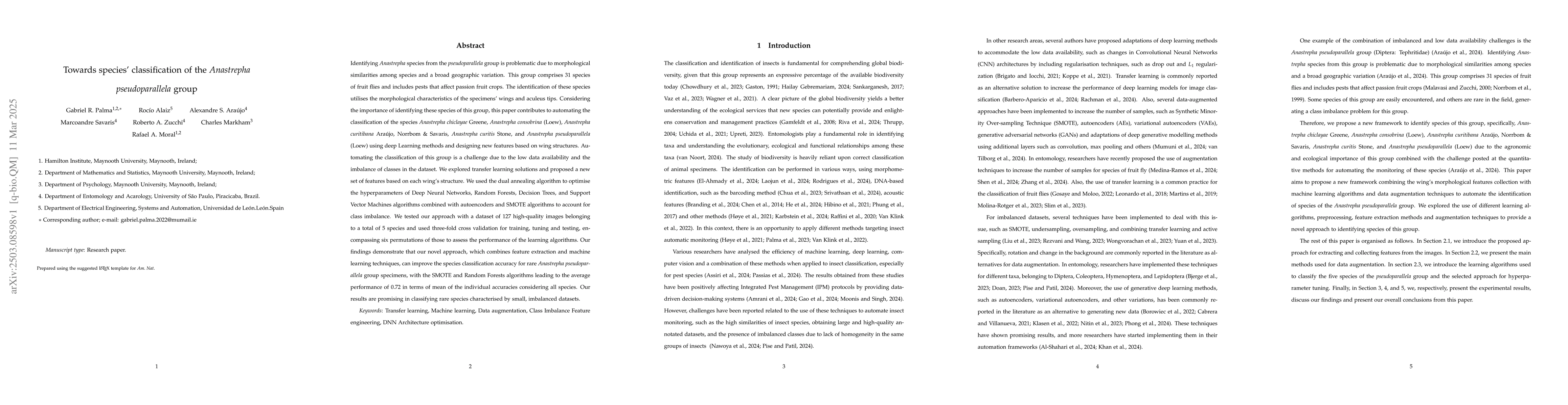 Thumbnail for Towards species' classification of the \textit{Anastrepha
  pseudoparallela} group