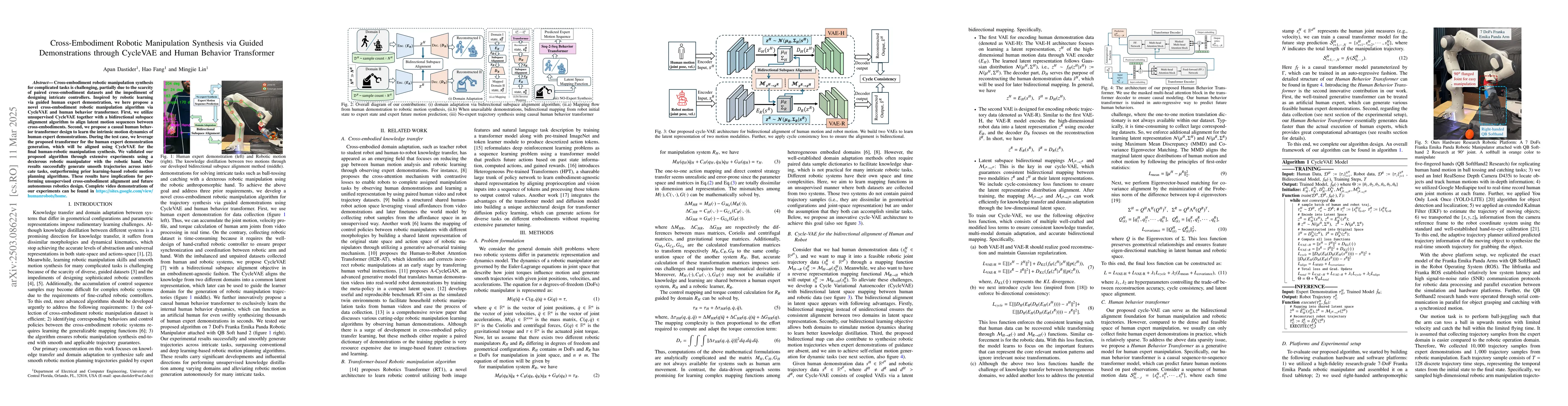 Thumbnail for Cross-Embodiment Robotic Manipulation Synthesis via Guided
  Demonstrations through CycleVAE and Human Behavior Transformer