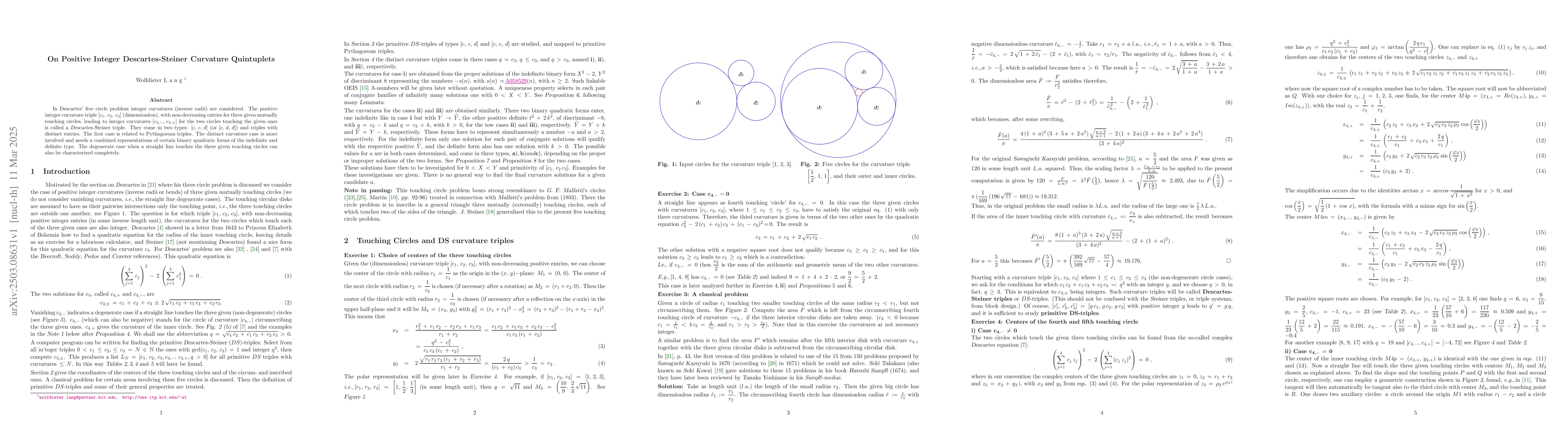Thumbnail for On Positive Integer Descartes-Steiner Curvature Quintuplets
