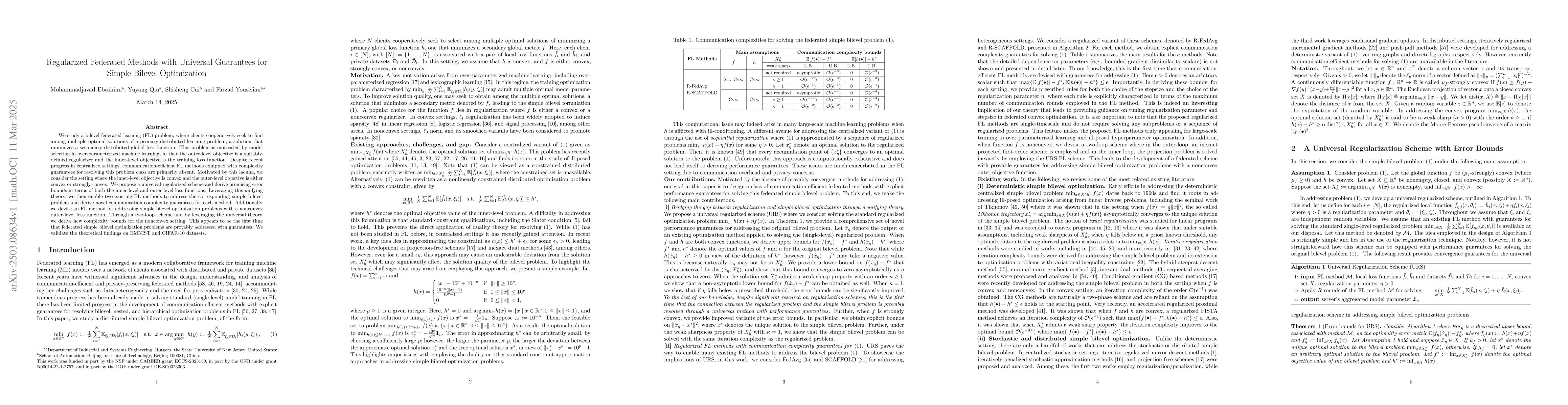 Thumbnail for Regularized Federated Methods with Universal Guarantees for Simple
  Bilevel Optimization