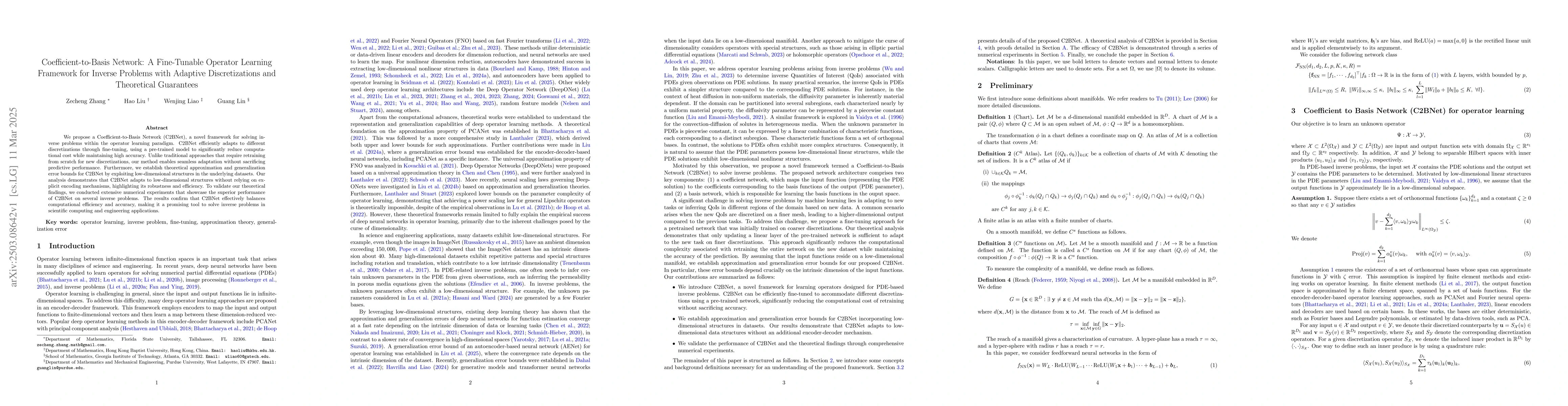 Thumbnail for Coefficient-to-Basis Network: A Fine-Tunable Operator Learning Framework
  for Inverse Problems with Adaptive Discretizations and Theoretical Guarantees