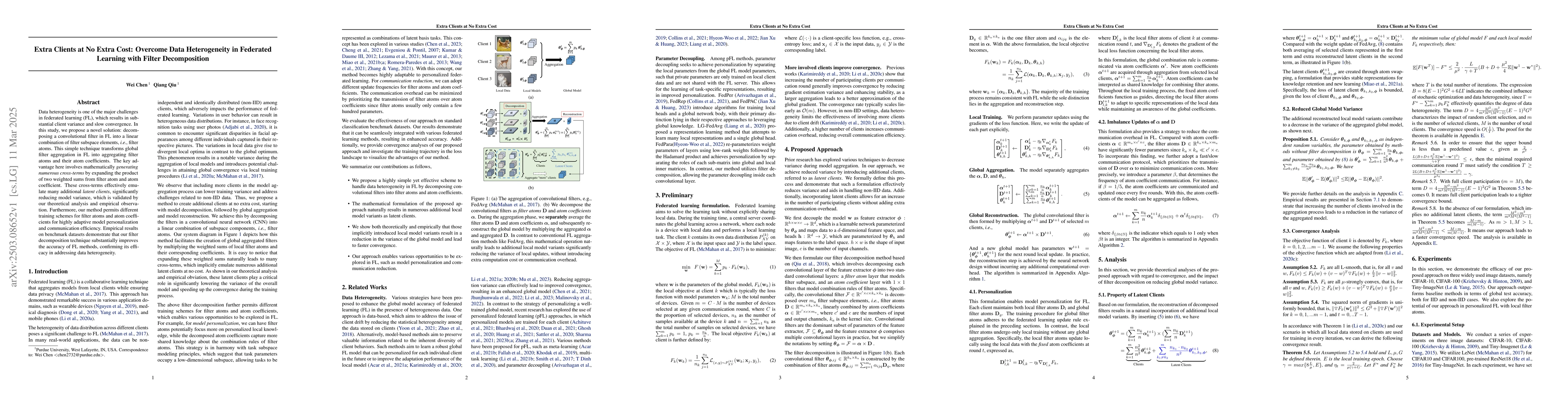 Thumbnail for Extra Clients at No Extra Cost: Overcome Data Heterogeneity in Federated
  Learning with Filter Decomposition