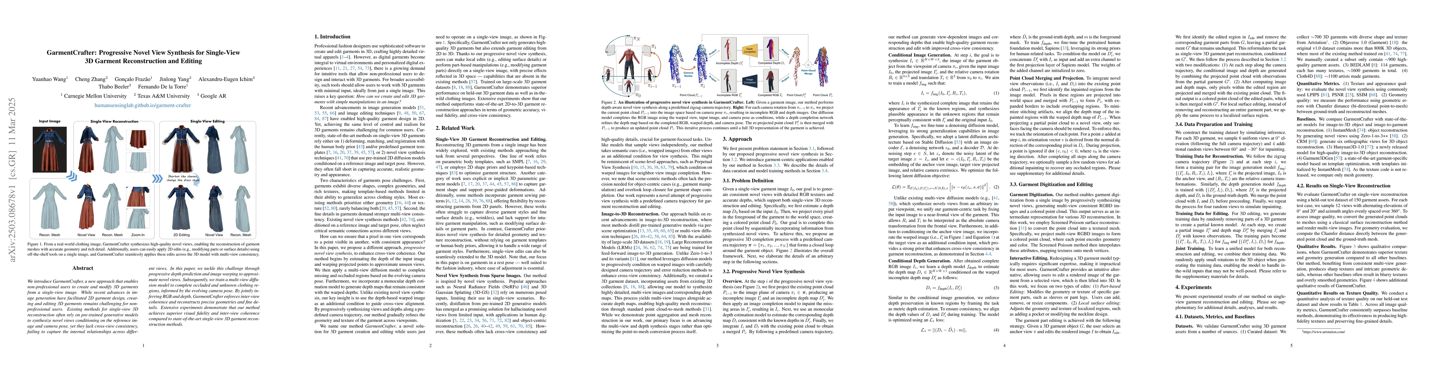 Thumbnail for GarmentCrafter: Progressive Novel View Synthesis for Single-View 3D
  Garment Reconstruction and Editing