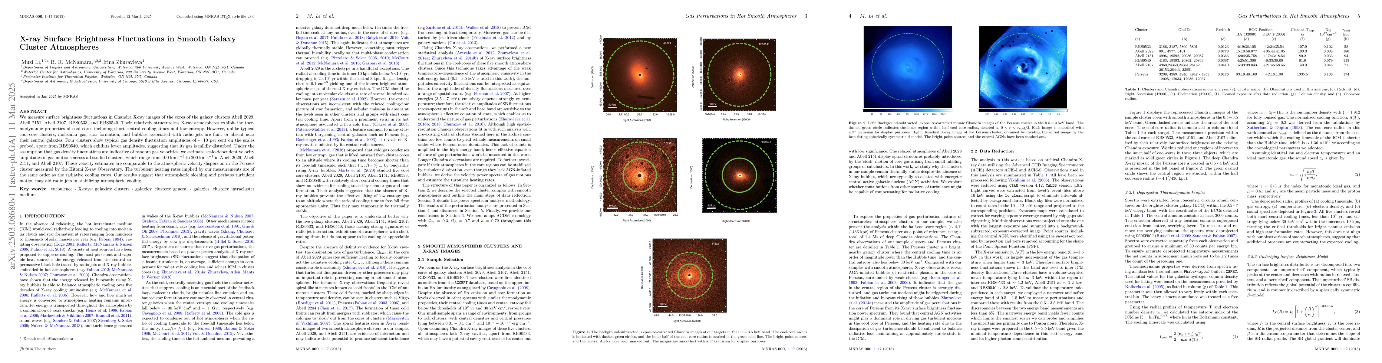 Thumbnail for Gas Perturbations in Hot Smooth Atmospheres X-ray Surface Brightness
  Fluctuations in Smooth Galaxy Cluster Atmospheres