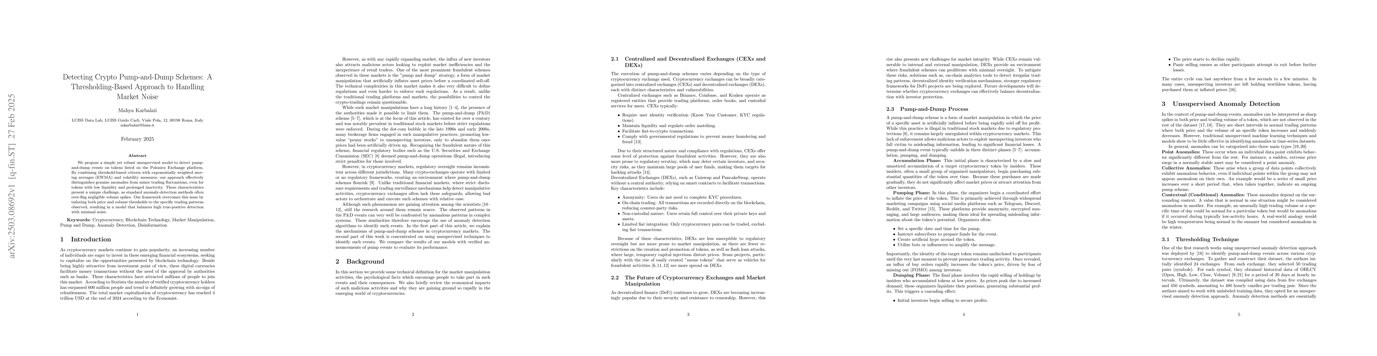 Thumbnail for Detecting Crypto Pump-and-Dump Schemes: A Thresholding-Based Approach to
  Handling Market Noise