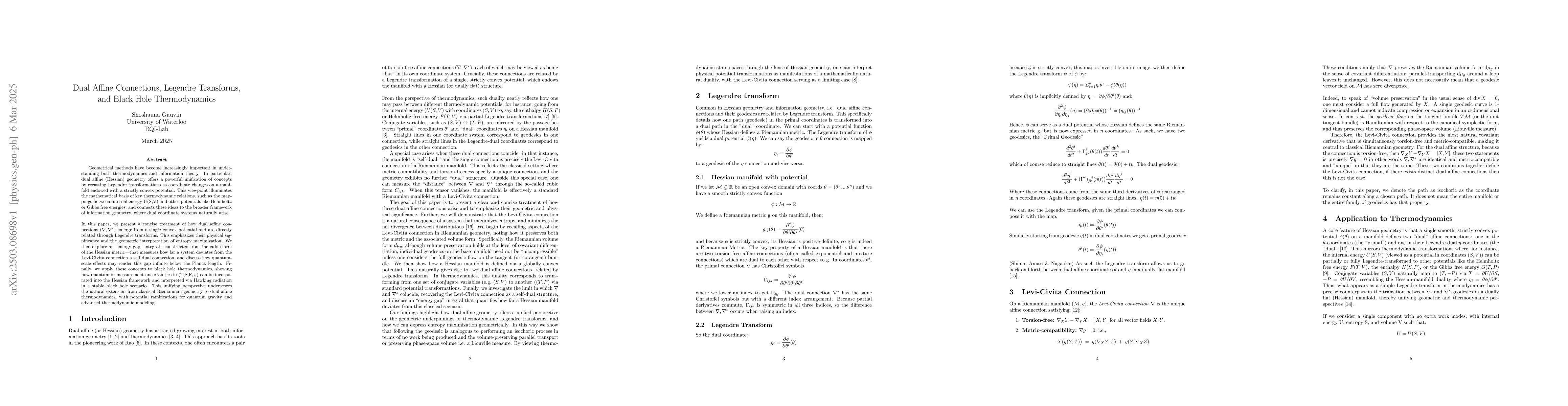 Thumbnail for Dual Affine Connections, Legendre Transforms, and Black Hole
  Thermodynamics