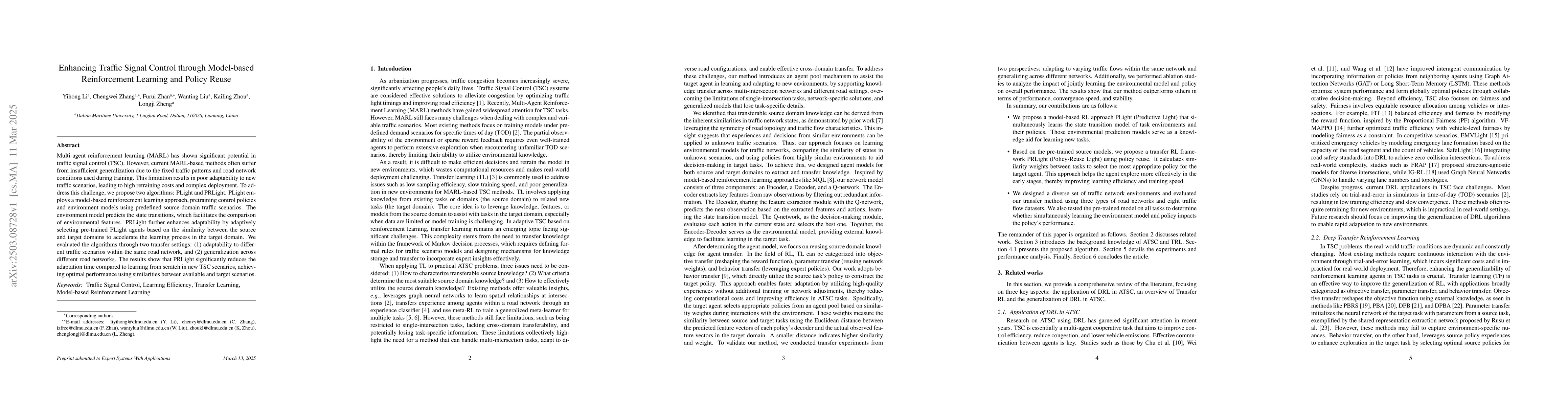 Thumbnail for Enhancing Traffic Signal Control through Model-based Reinforcement
  Learning and Policy Reuse