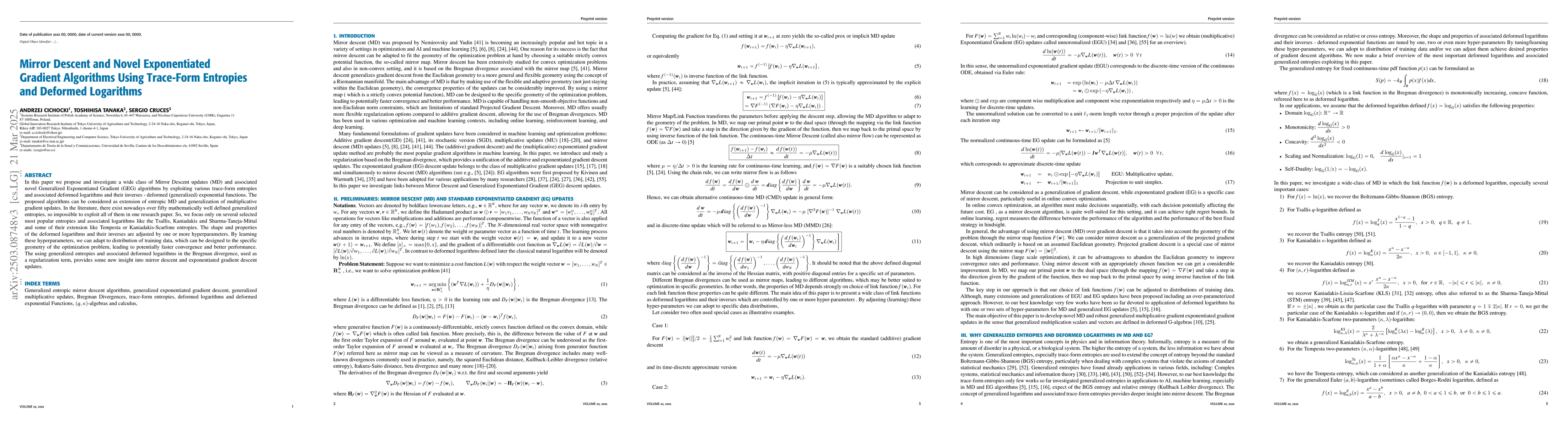 Thumbnail for Mirror Descent and Novel Exponentiated Gradient Algorithms Using
  Trace-Form Entropies and Deformed Logarithms