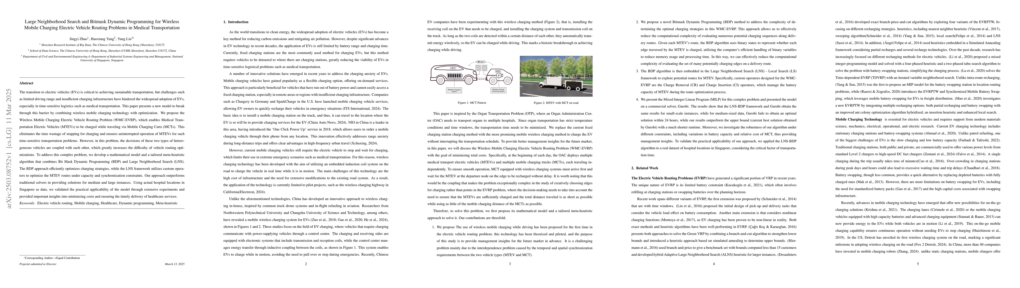 Thumbnail for Large Neighborhood Search and Bitmask Dynamic Programming for Wireless
  Mobile Charging Electric Vehicle Routing Problems in Medical Transportation
