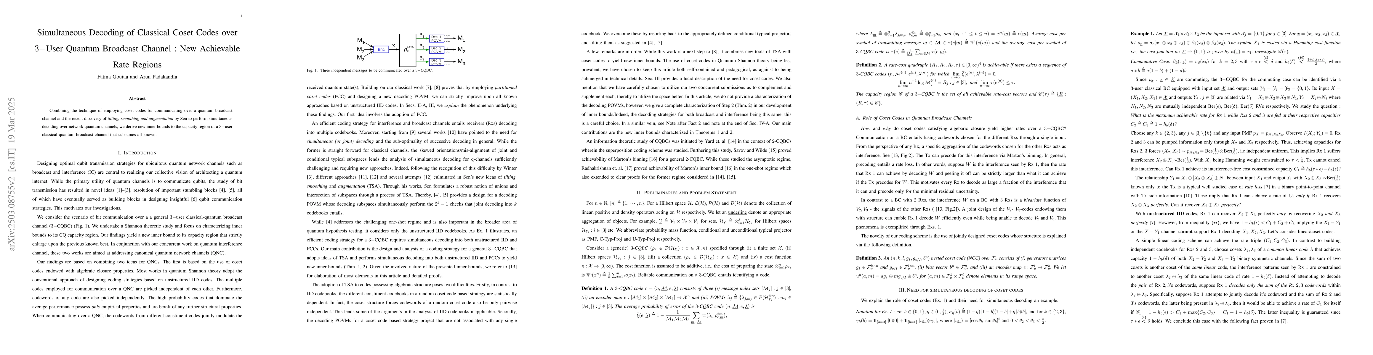 Thumbnail for Simultaneous Decoding of Classical Coset Codes over $3-$User Quantum
  Broadcast Channel: New Achievable Rate Regions