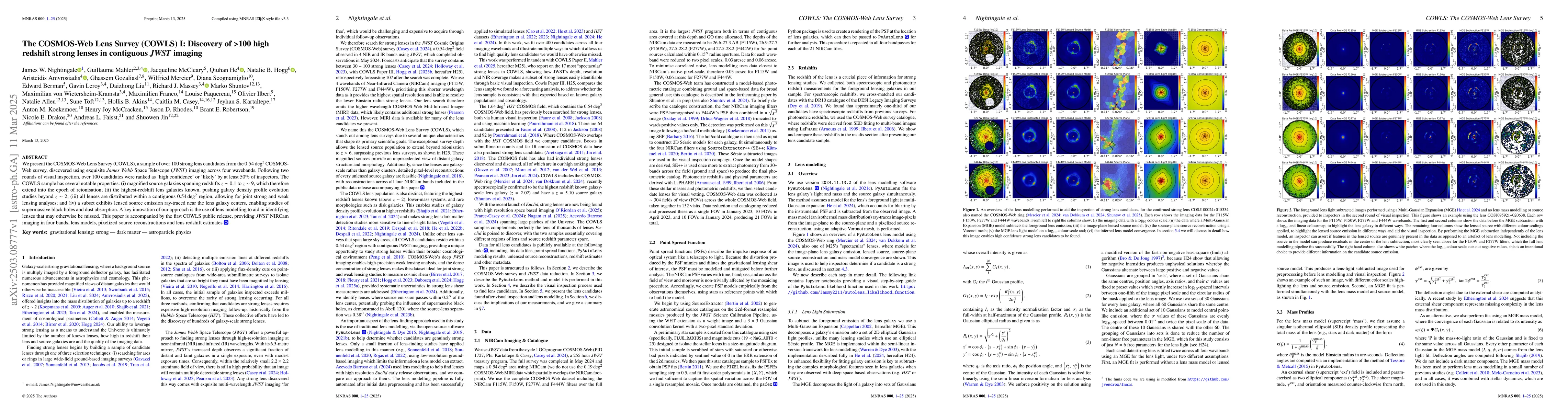 Thumbnail for The COSMOS-Web Lens Survey (COWLS) I: Discovery of >100 high redshift
  strong lenses in contiguous JWST imaging