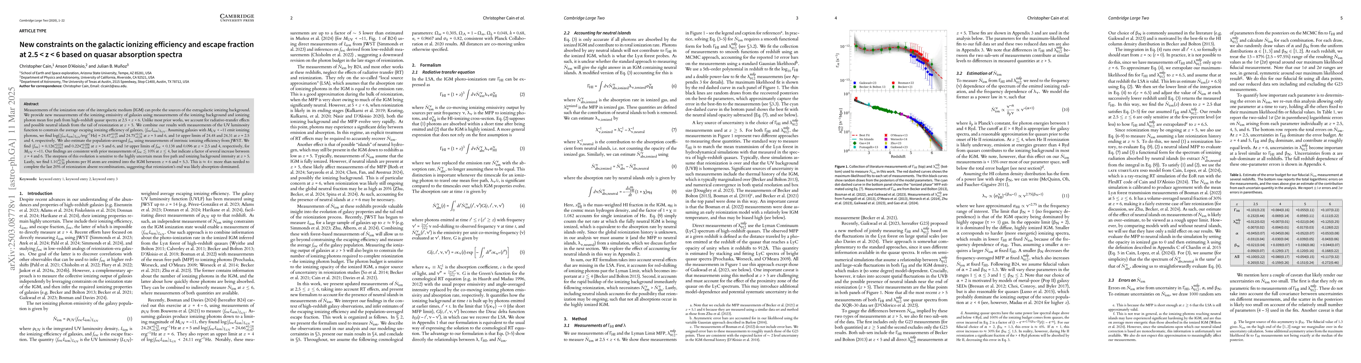 Thumbnail for New constraints on the galactic ionizing efficiency and escape fraction
  at 2.5 < z < 6 based on quasar absorption spectra