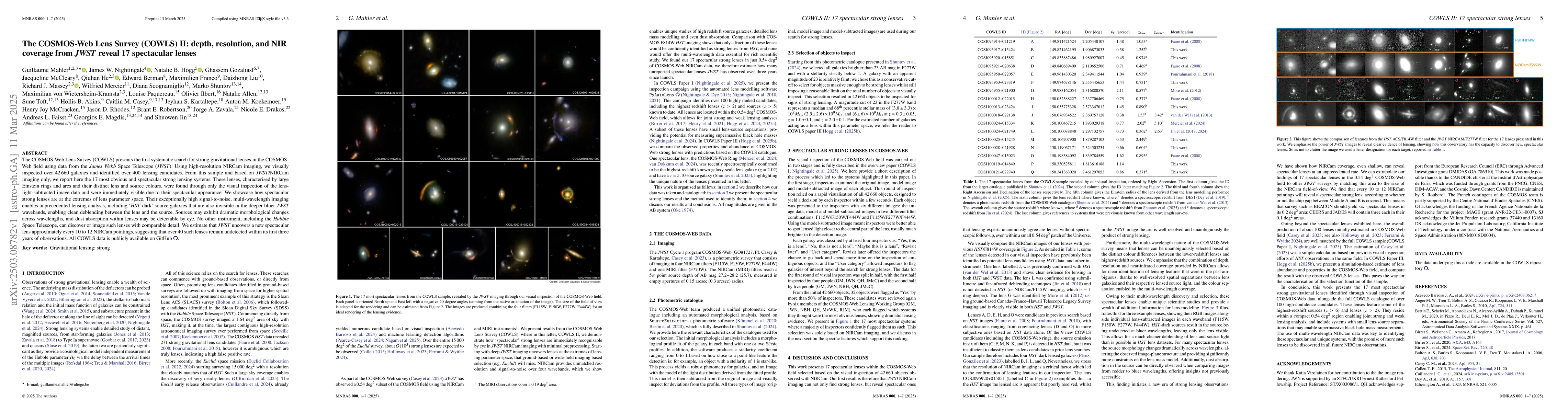 Thumbnail for The COSMOS-Web Lens Survey (COWLS) II: depth, resolution, and NIR
  coverage from JWST reveal 17 spectacular lenses