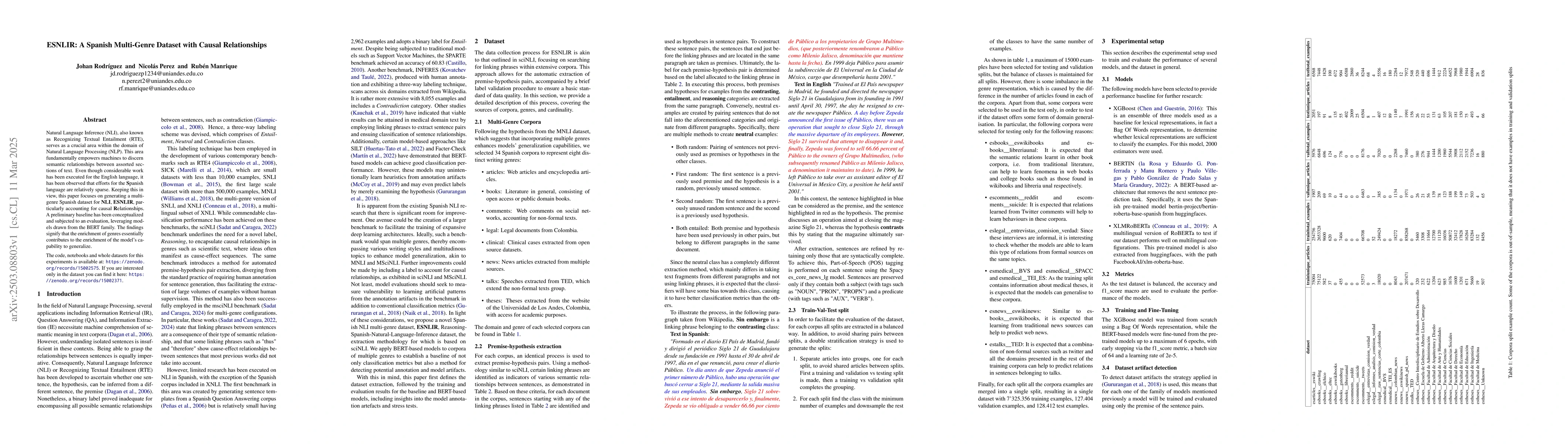 Thumbnail for ESNLIR: A Spanish Multi-Genre Dataset with Causal Relationships
