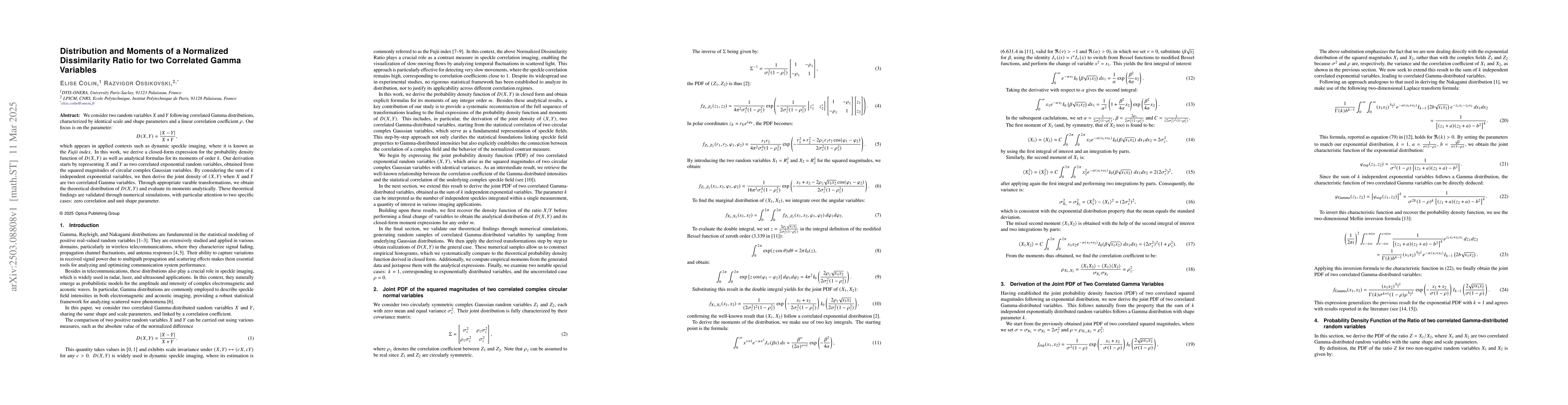 Thumbnail for Distribution and Moments of a Normalized Dissimilarity Ratio for two
  Correlated Gamma Variables