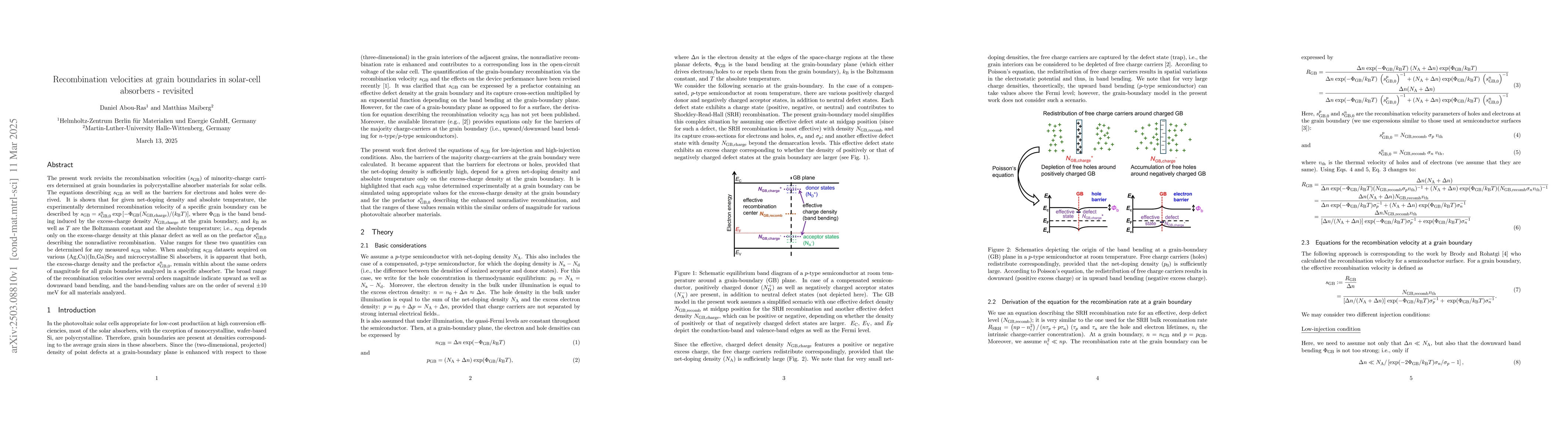 Thumbnail for Recombination velocities at grain boundaries in solar-cell absorbers --
  revisited