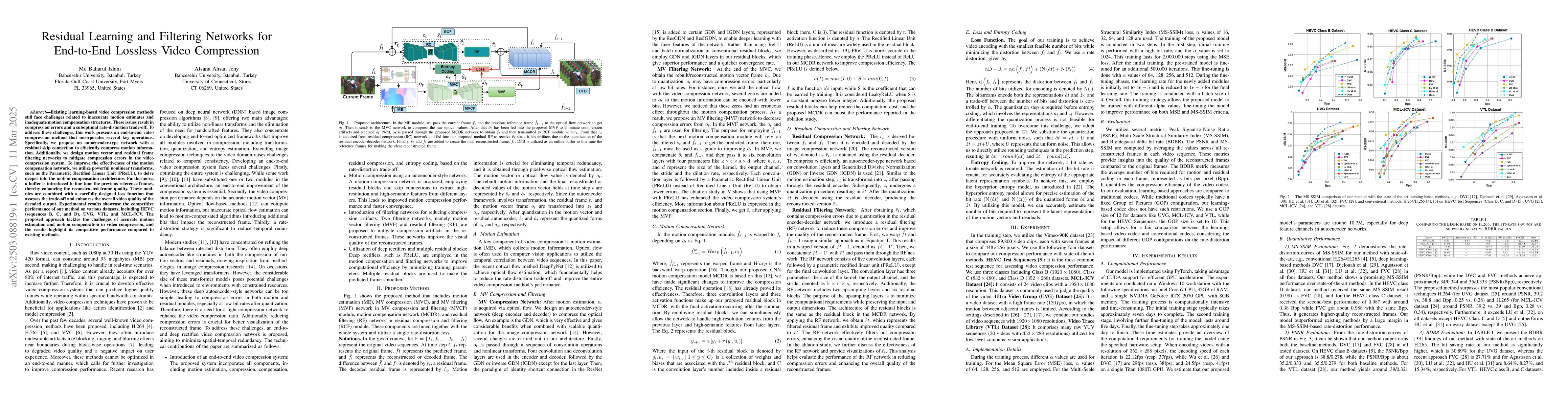 Thumbnail for Residual Learning and Filtering Networks for End-to-End Lossless Video
  Compression
