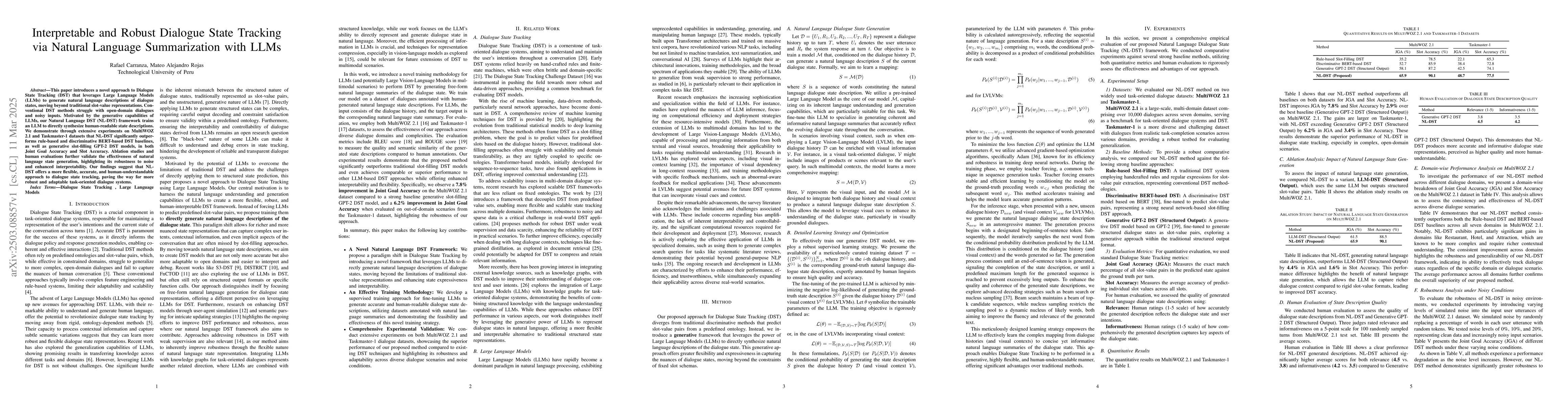 Thumbnail for Interpretable and Robust Dialogue State Tracking via Natural Language
  Summarization with LLMs
