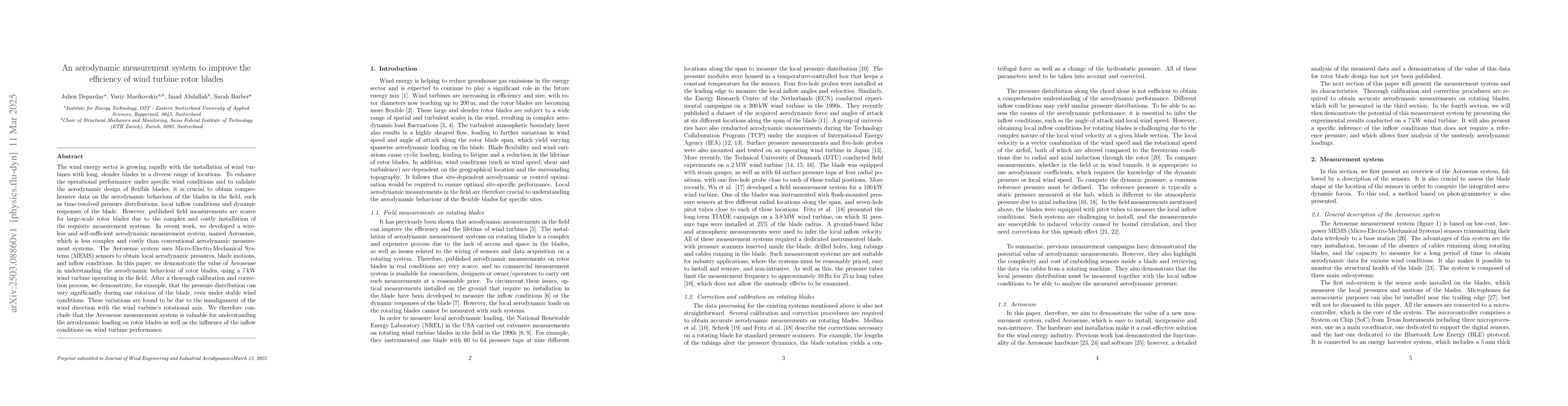 Thumbnail for An aerodynamic measurement system to improve the efficiency of wind
  turbine rotor blades
