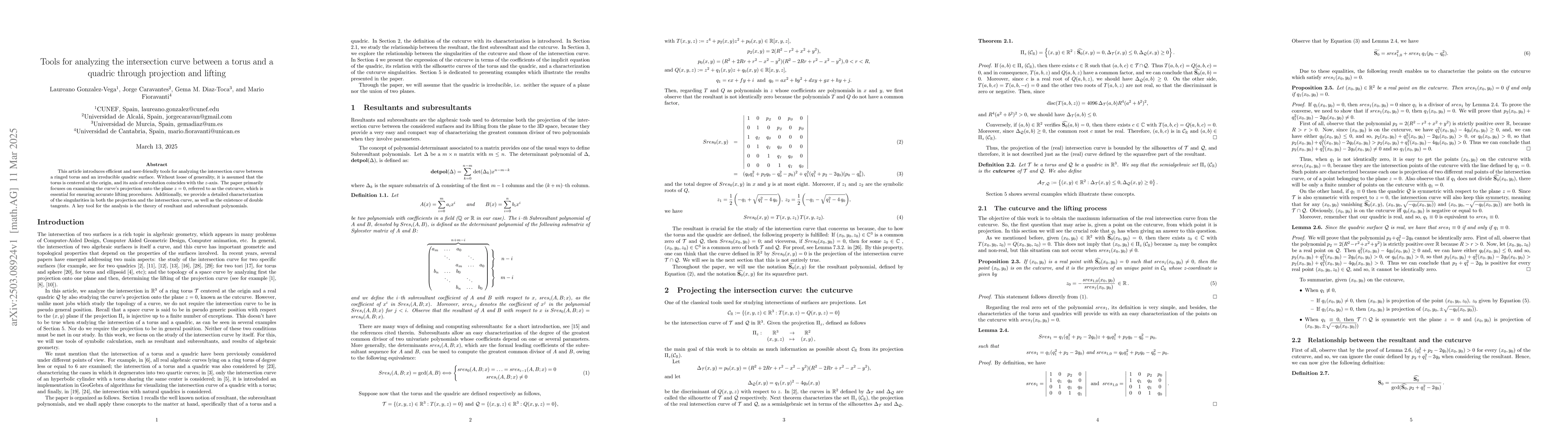 Thumbnail for Tools for analyzing the intersection curve between a torus and a quadric
  through projection and lifting
