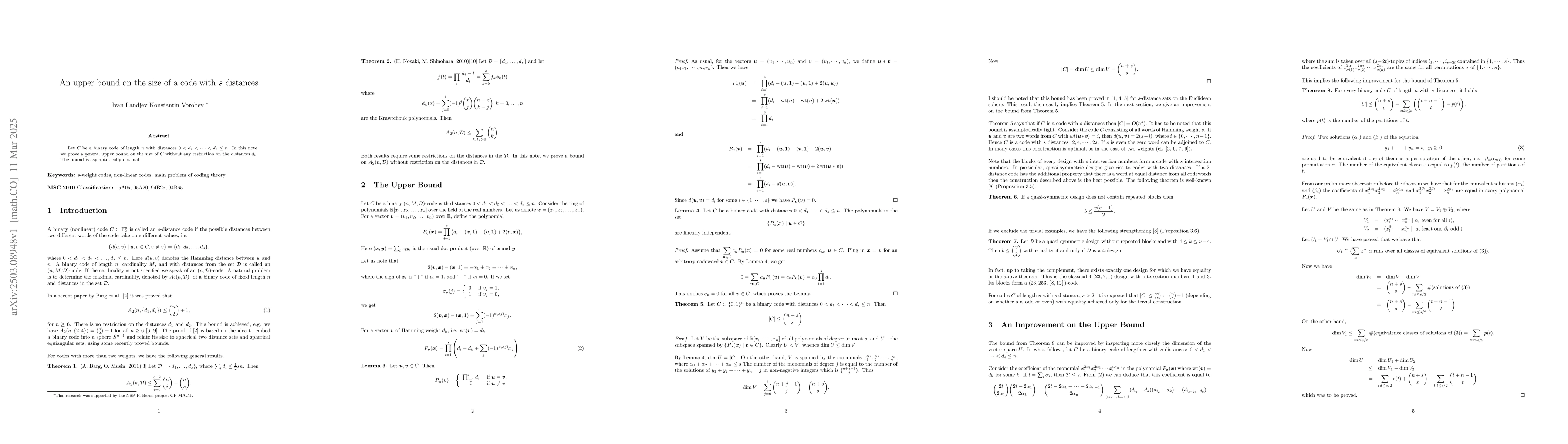 Thumbnail for An upper bound on the size of a code with $s$ distances