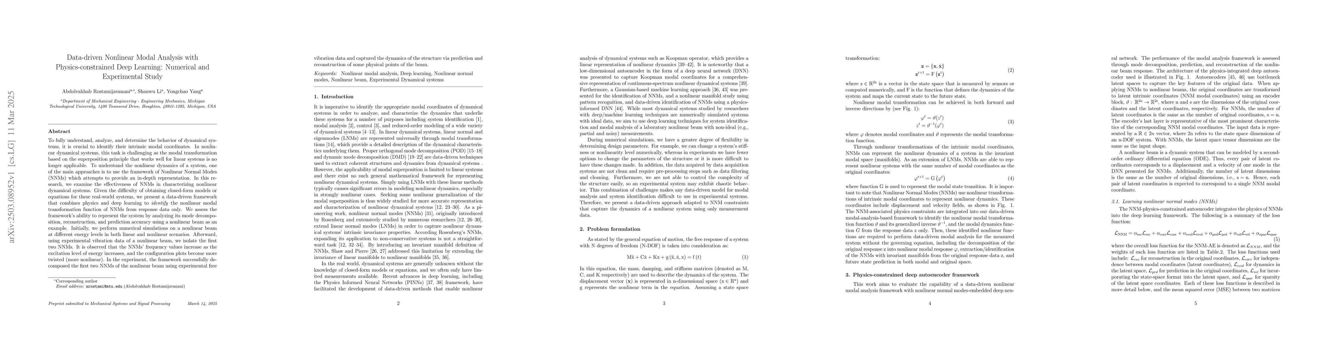 Thumbnail for Data-driven Nonlinear Modal Analysis with Physics-constrained Deep
  Learning: Numerical and Experimental Study