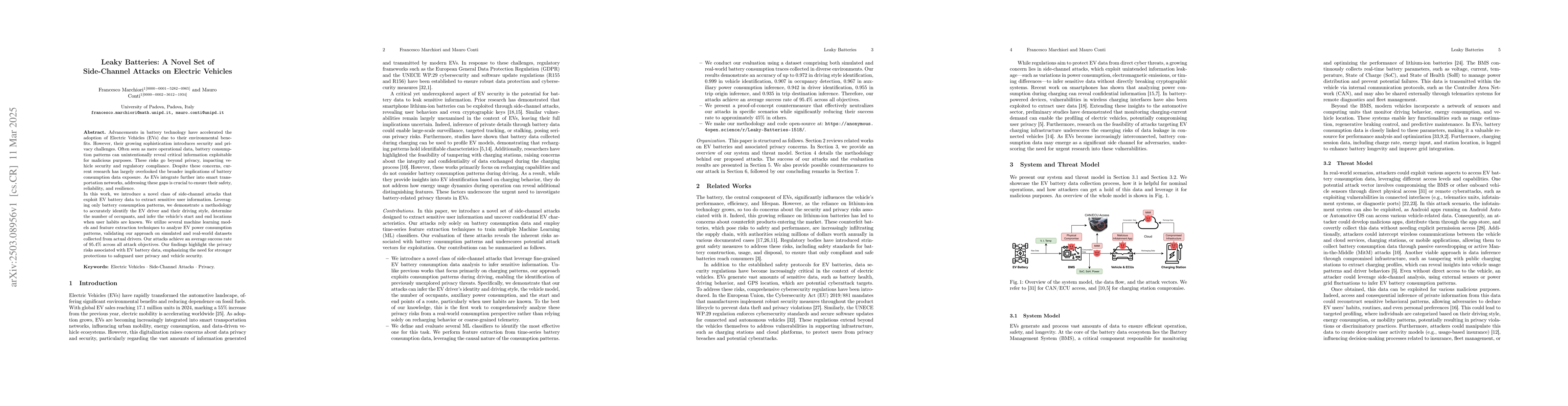 Thumbnail for Leaky Batteries: A Novel Set of Side-Channel Attacks on Electric
  Vehicles