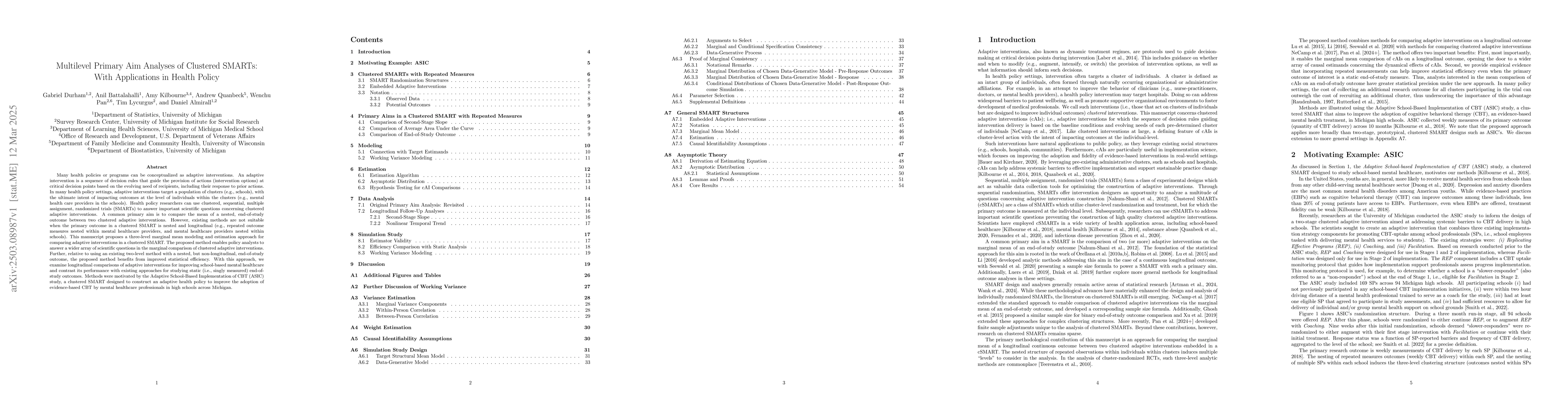 Thumbnail for Multilevel Primary Aim Analyses of Clustered SMARTs: With Applications
  in Health Policy