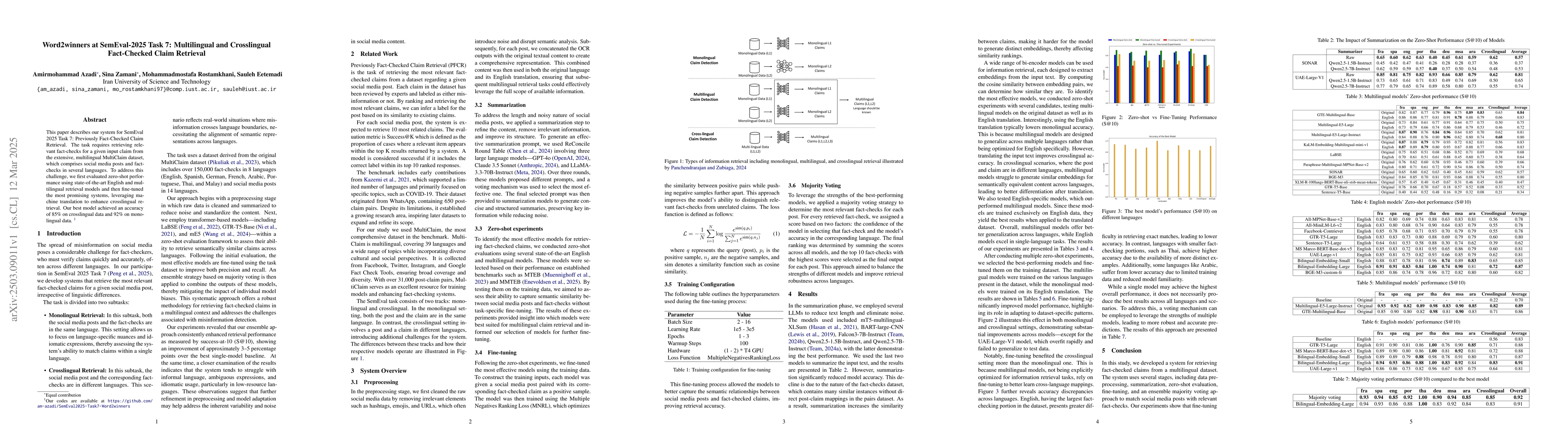 Thumbnail for Word2winners at SemEval-2025 Task 7: Multilingual and Crosslingual
  Fact-Checked Claim Retrieval