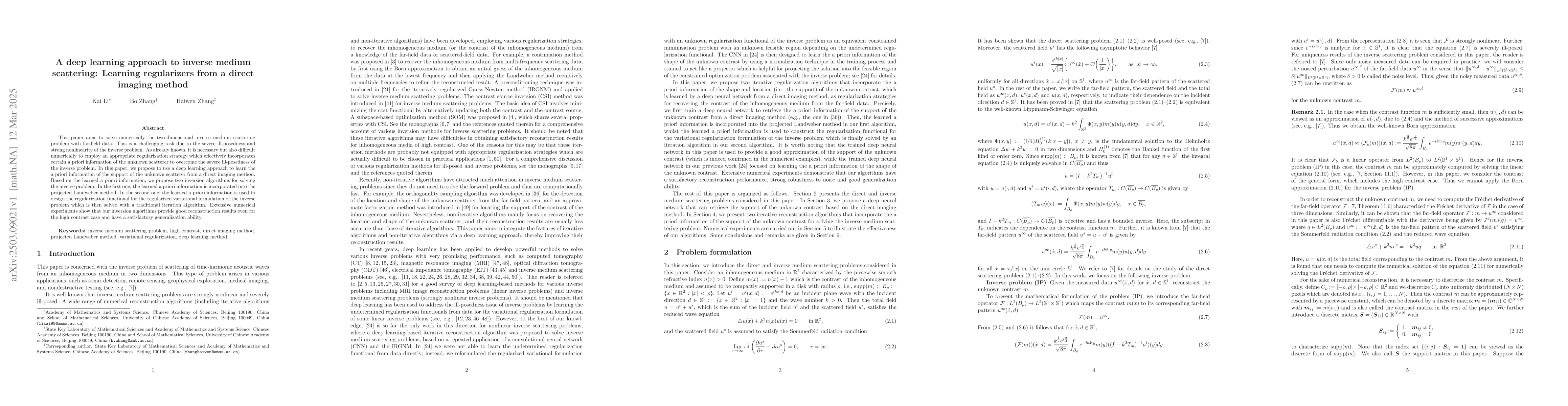 Thumbnail for A deep learning approach to inverse medium scattering: Learning
  regularizers from a direct imaging method
