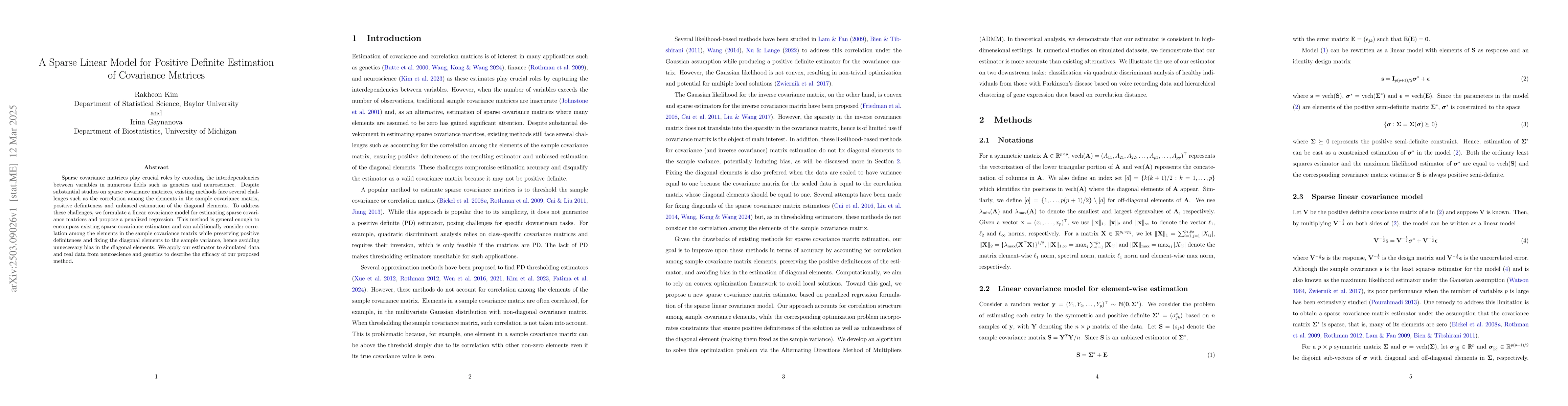 Thumbnail for A Sparse Linear Model for Positive Definite Estimation of Covariance
  Matrices