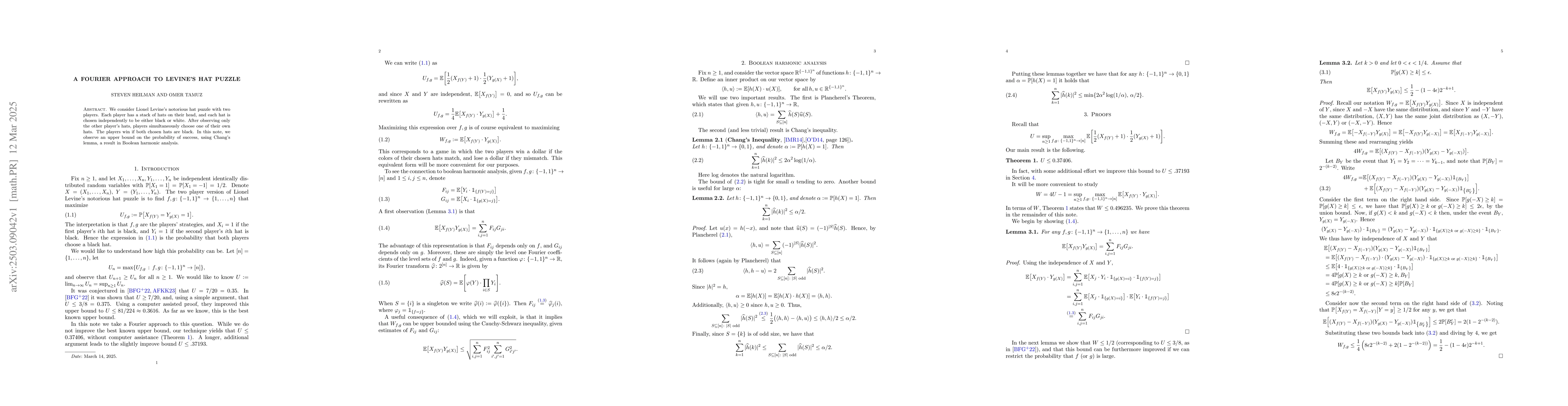 Thumbnail for A Fourier approach to Levine's hat puzzle
