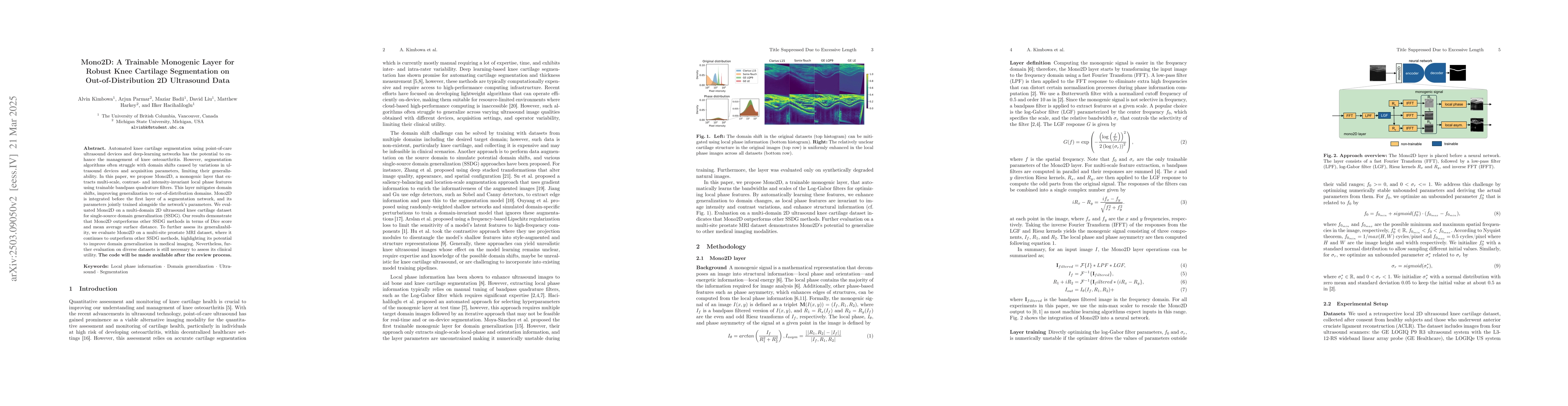 Thumbnail for Mono2D: A Trainable Monogenic Layer for Robust Knee Cartilage
  Segmentation on Out-of-Distribution 2D Ultrasound Data