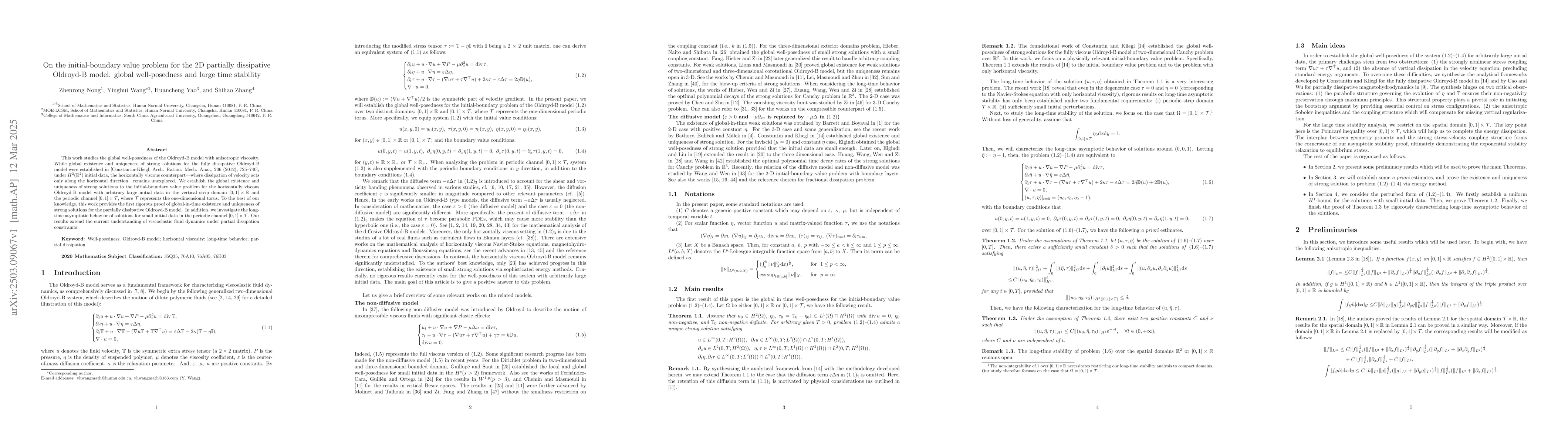 Thumbnail for On the initial-boundary value problem for the 2D partially dissipative
  Oldroyd-B model: global well-posedness and large time stability
