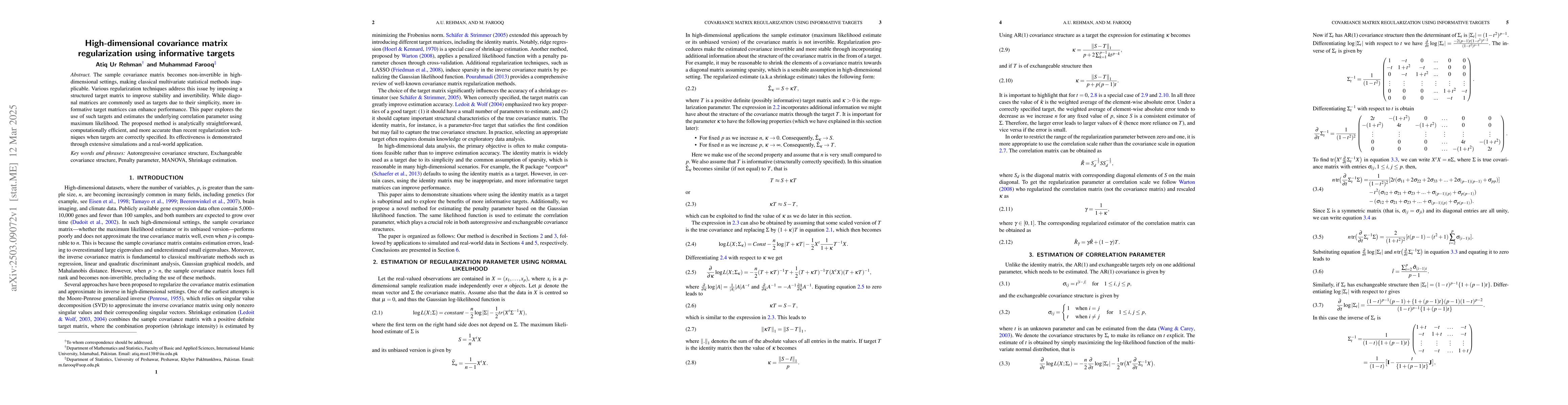Thumbnail for High-dimensional covariance matrix regularization using informative
  targets