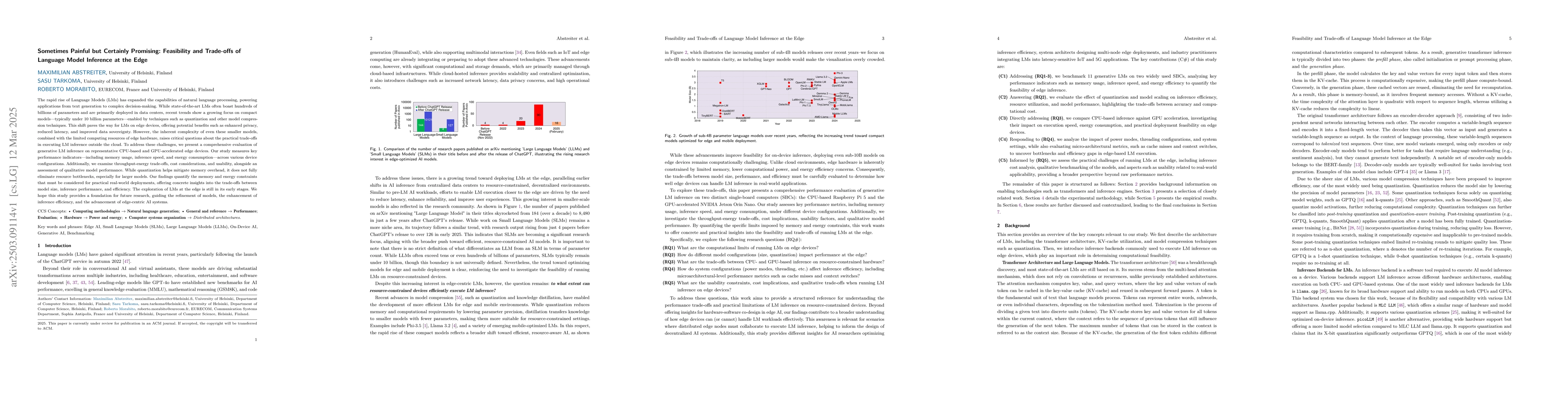 Thumbnail for Sometimes Painful but Certainly Promising: Feasibility and Trade-offs of
  Language Model Inference at the Edge
