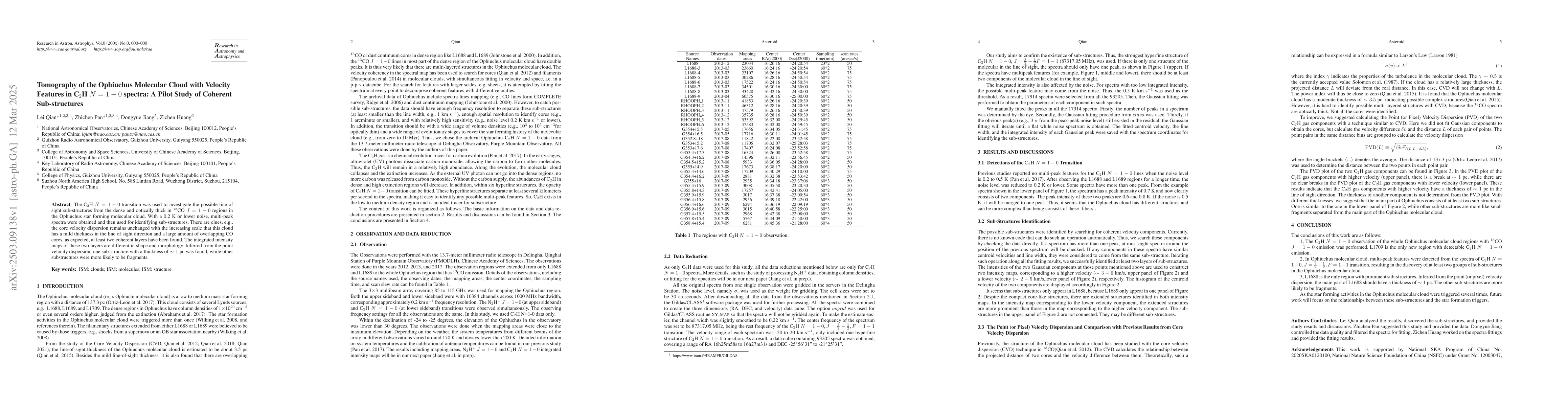 Thumbnail for Tomography of the Ophiuchus Molecular Cloud with Velocity Features in
  C$_2$H $N=1-0$ spectra: A Pilot Study of Coherent Sub-structures