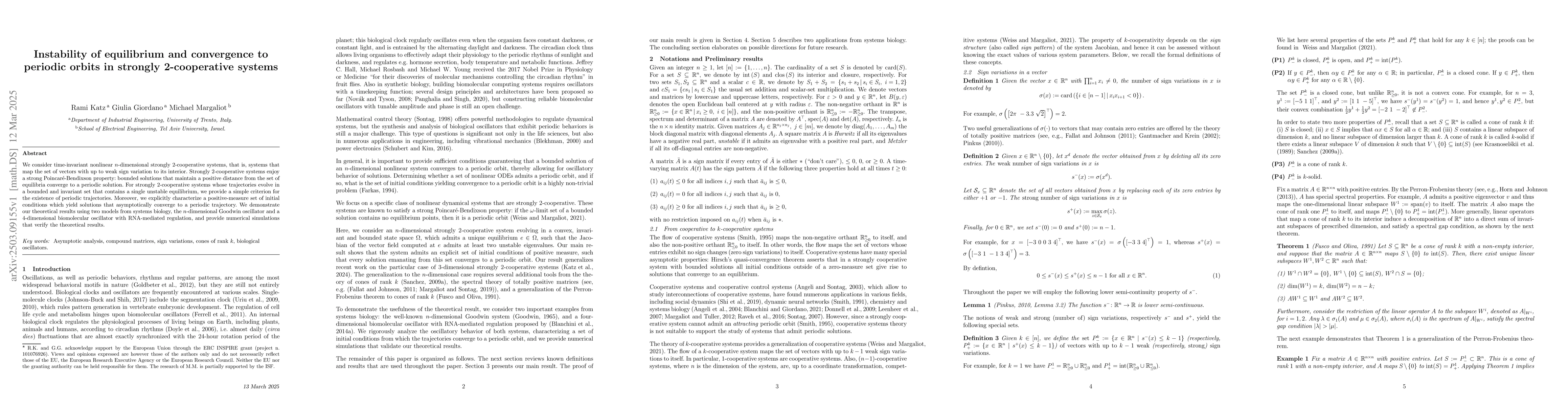 Thumbnail for Instability of equilibrium and convergence to periodic orbits in
  strongly 2-cooperative systems