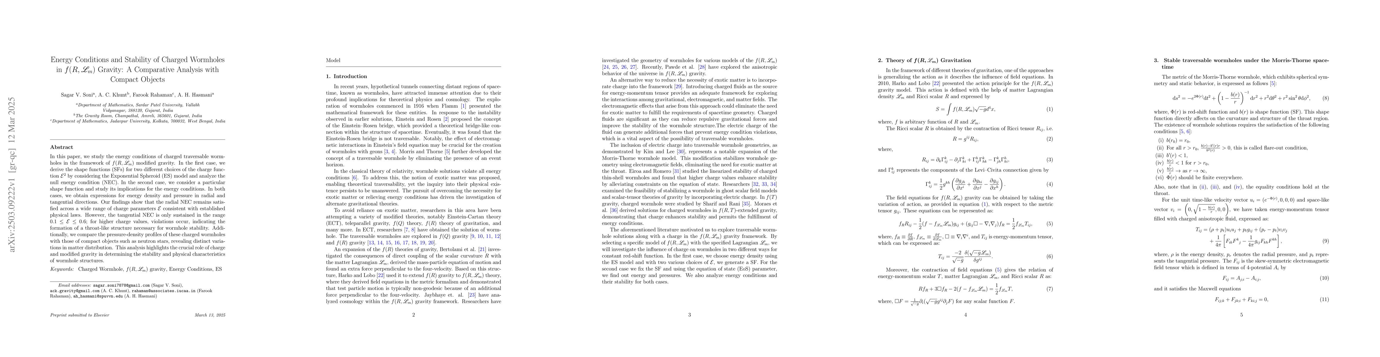 Thumbnail for Energy Conditions and Stability of Charged Wormholes in $f(R,
  \mathscr{L}_m)$ Gravity: A Comparative Analysis with Compact Objects