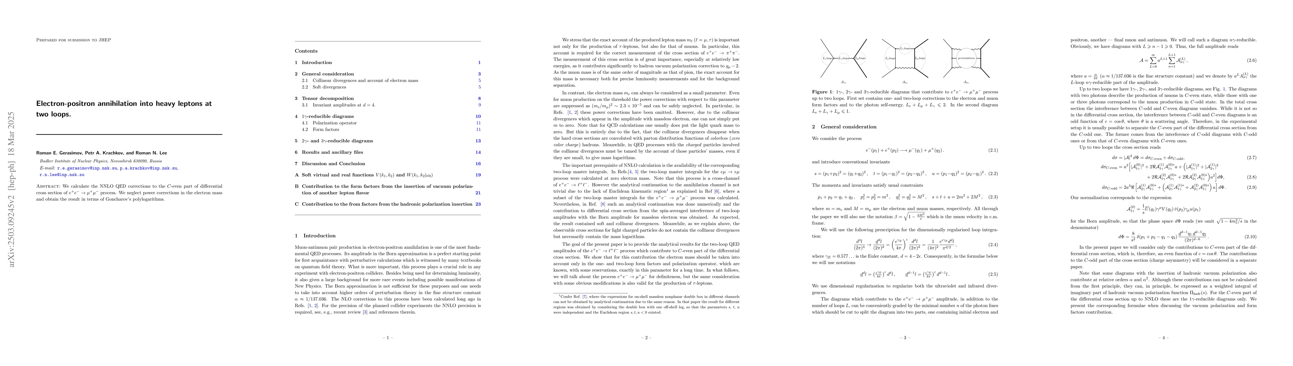 Thumbnail for Electron-positron annihilation into heavy leptons at two loops