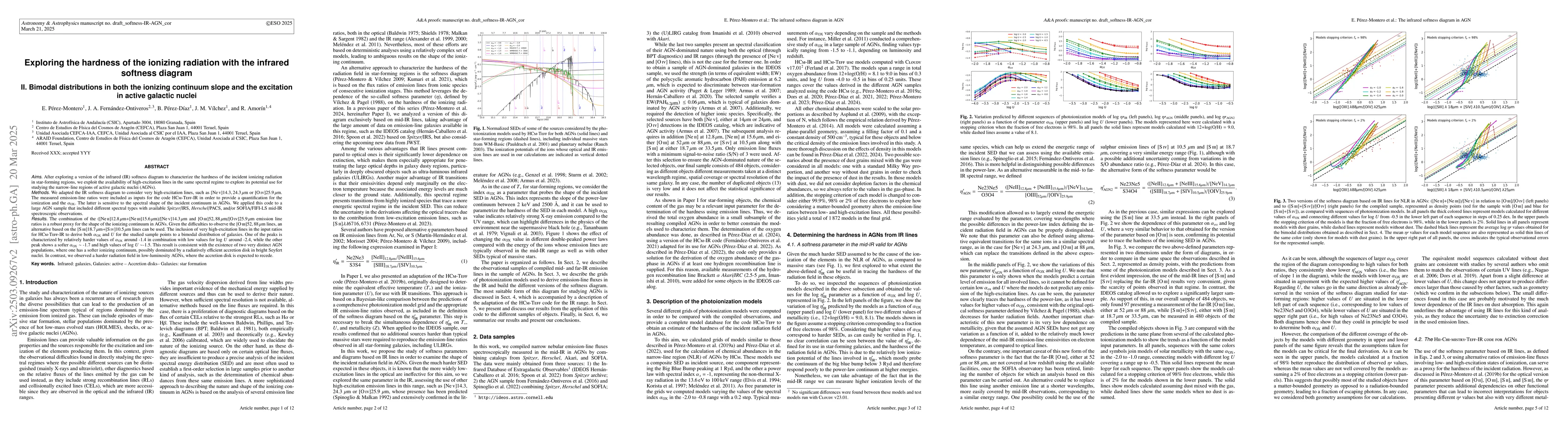 Thumbnail for Exploring the hardness of the ionizing radiation with the infrared
  softness diagram. II. Bimodal distributions in both the ionizing continuum
  slope and the excitation in active galactic nuclei