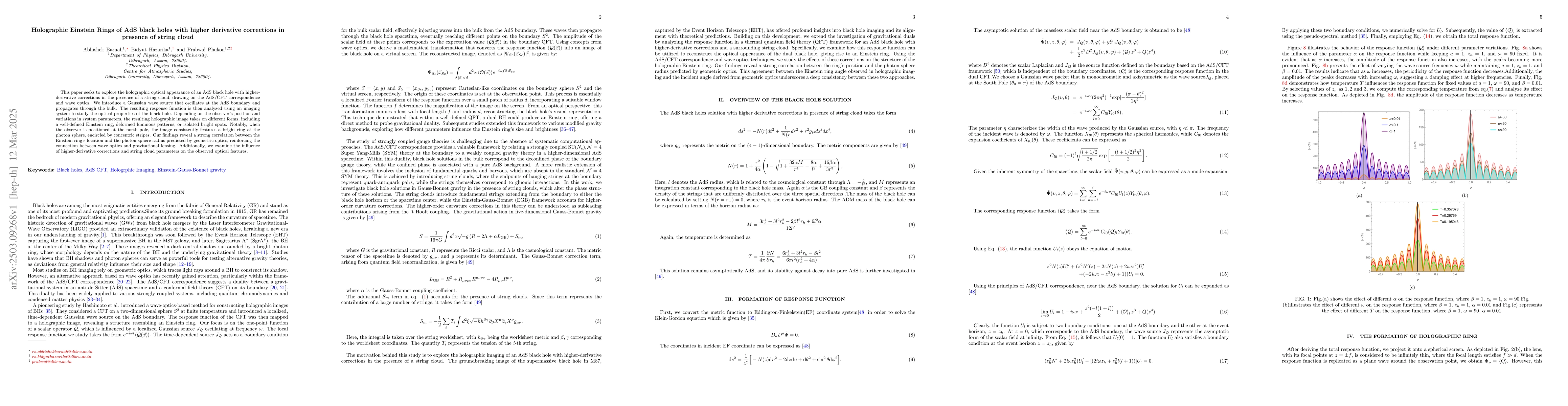 Thumbnail for Holographic Einstein Rings of AdS black holes with higher derivative
  corrections in presence of string cloud