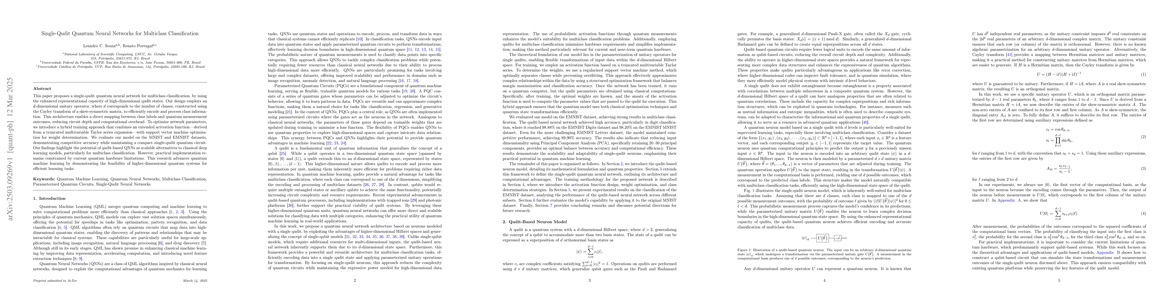 Thumbnail for Single-Qudit Quantum Neural Networks for Multiclass Classification
