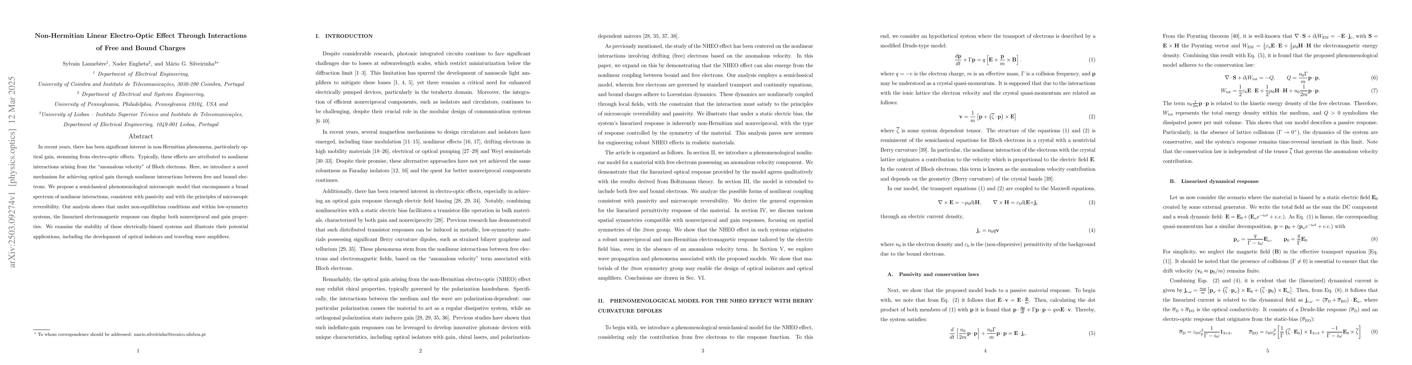 Thumbnail for Non-Hermitian Linear Electro-Optic Effect Through Interactions of Free
  and Bound Charges