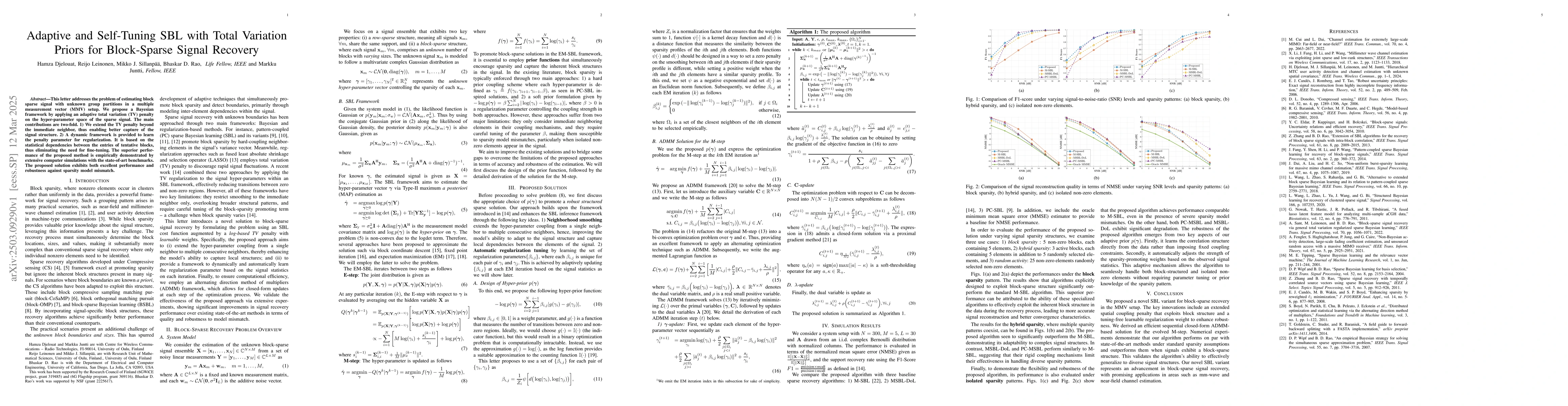 Thumbnail for Adaptive and Self-Tuning SBL with Total Variation Priors for
  Block-Sparse Signal Recovery