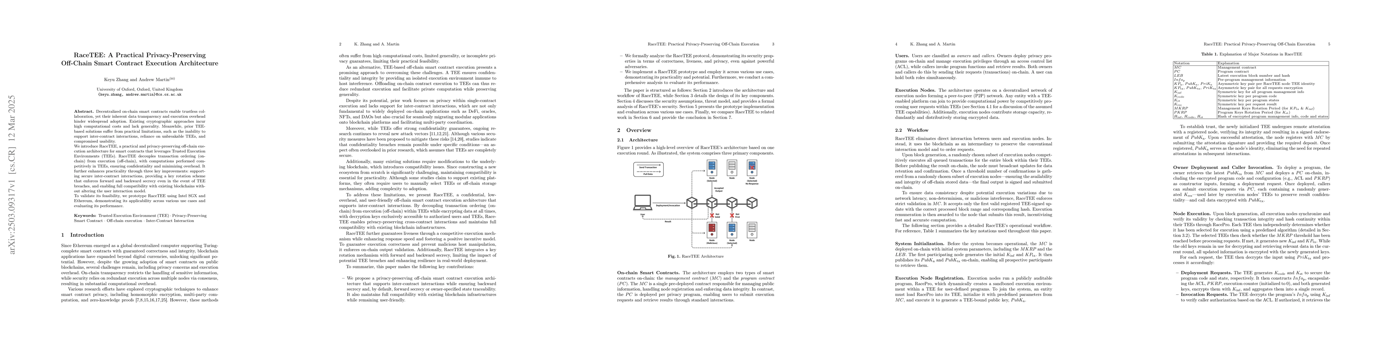 Thumbnail for RaceTEE: A Practical Privacy-Preserving Off-Chain Smart Contract
  Execution Architecture