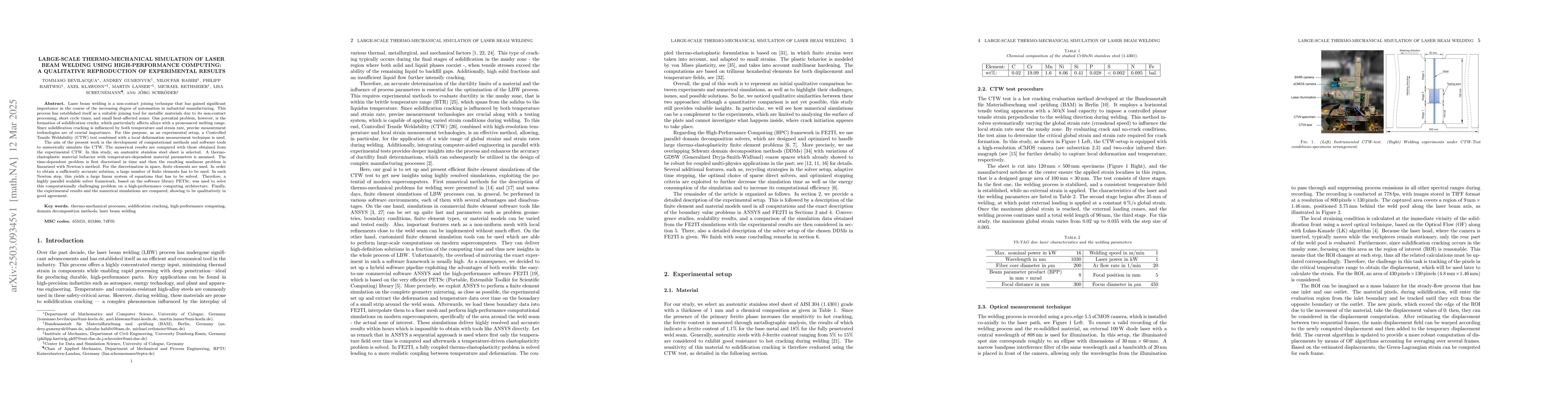Thumbnail for Large-scale Thermo-Mechanical Simulation of Laser Beam Welding Using
  High-Performance Computing: A Qualitative Reproduction of Experimental
  Results
